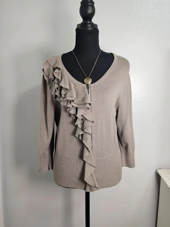 Elle Zipped Ruffled 3/4 Sleeves Cardigan Light Brown - Size Large - Picture 2 of 6